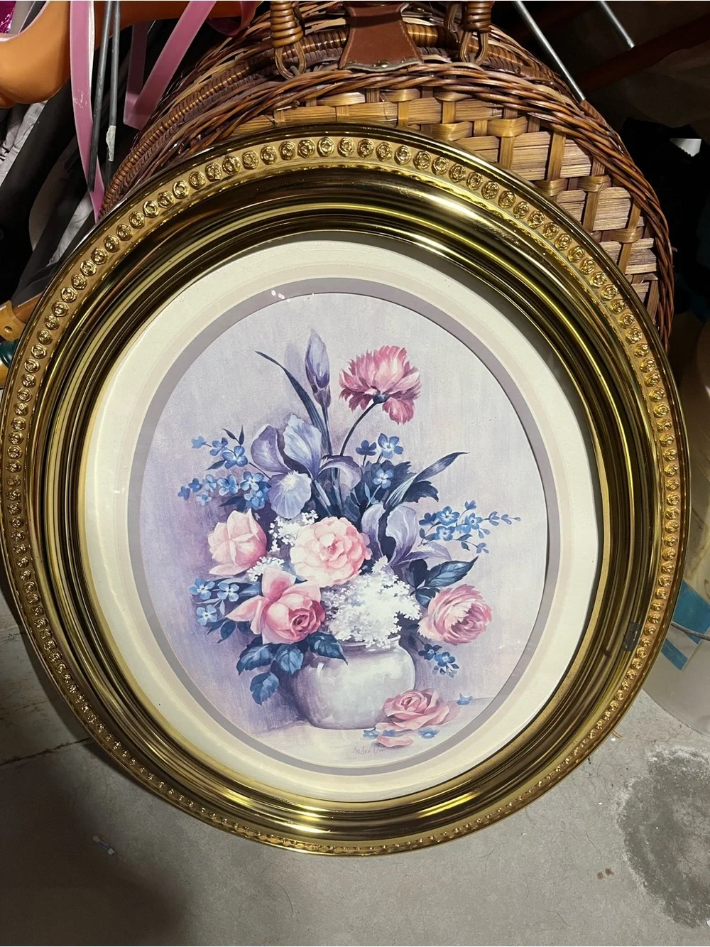Homco Gold Oval Framed Floral Print - Pink and Purple Bouquet
